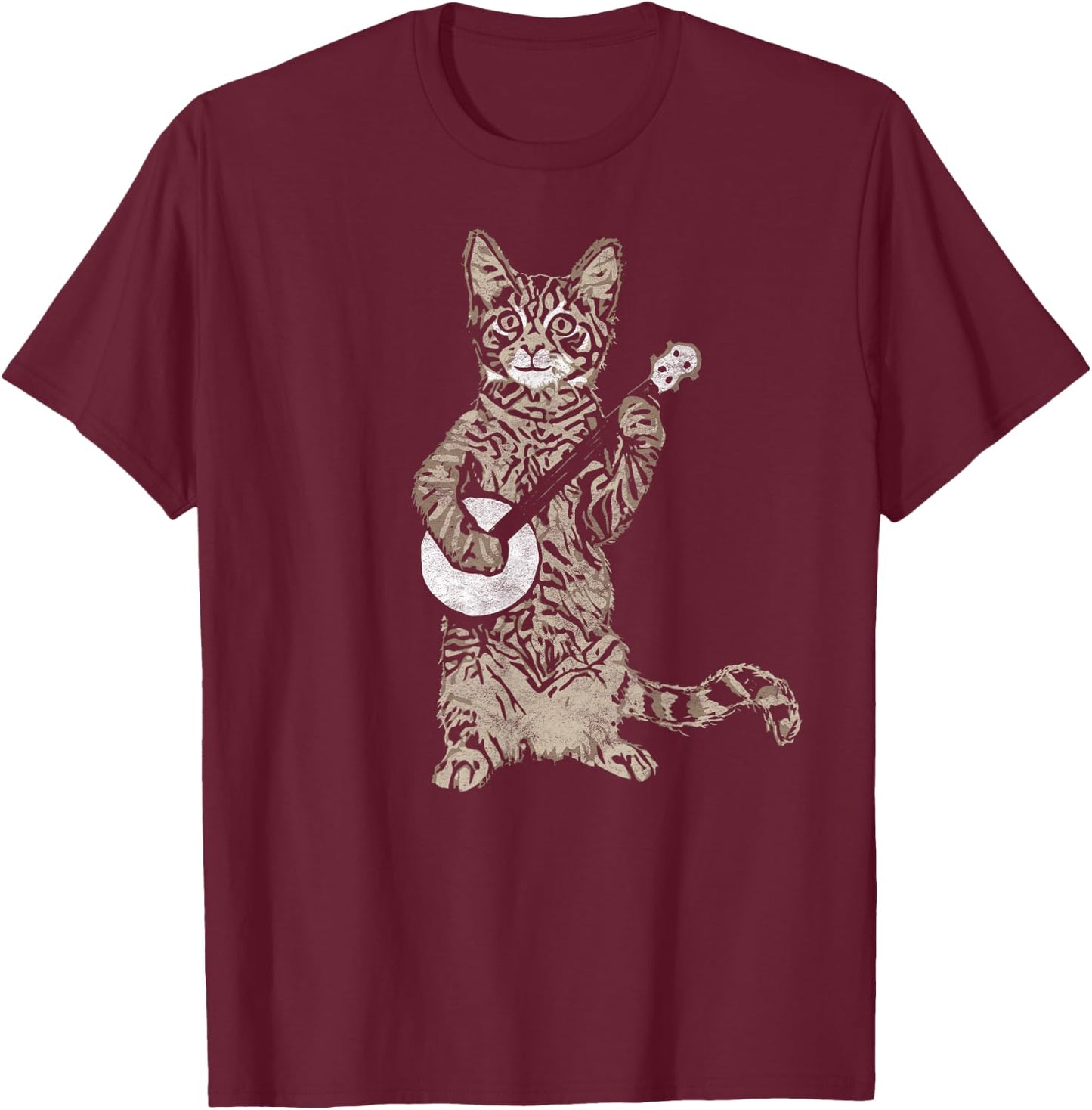 Banjo Cat - Funny Retro Style Bluegrass & Tabby Cat Lover T-Shirt - T-Shirt | Maroon