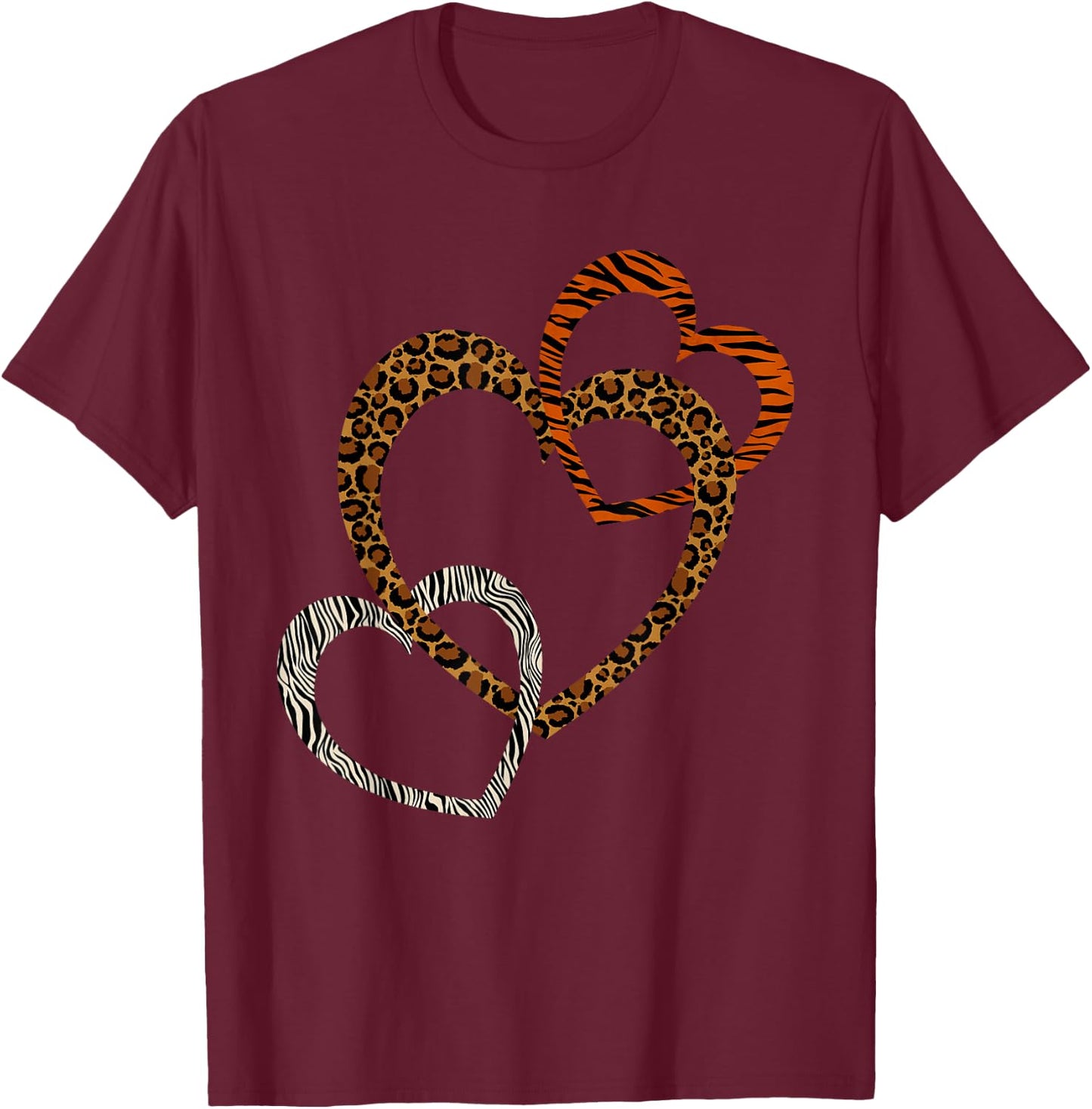 Leopard Tiger Cheetah Zebra Heart Print Shirt Hearts Love T-Shirt - T-Shirt | Maroon