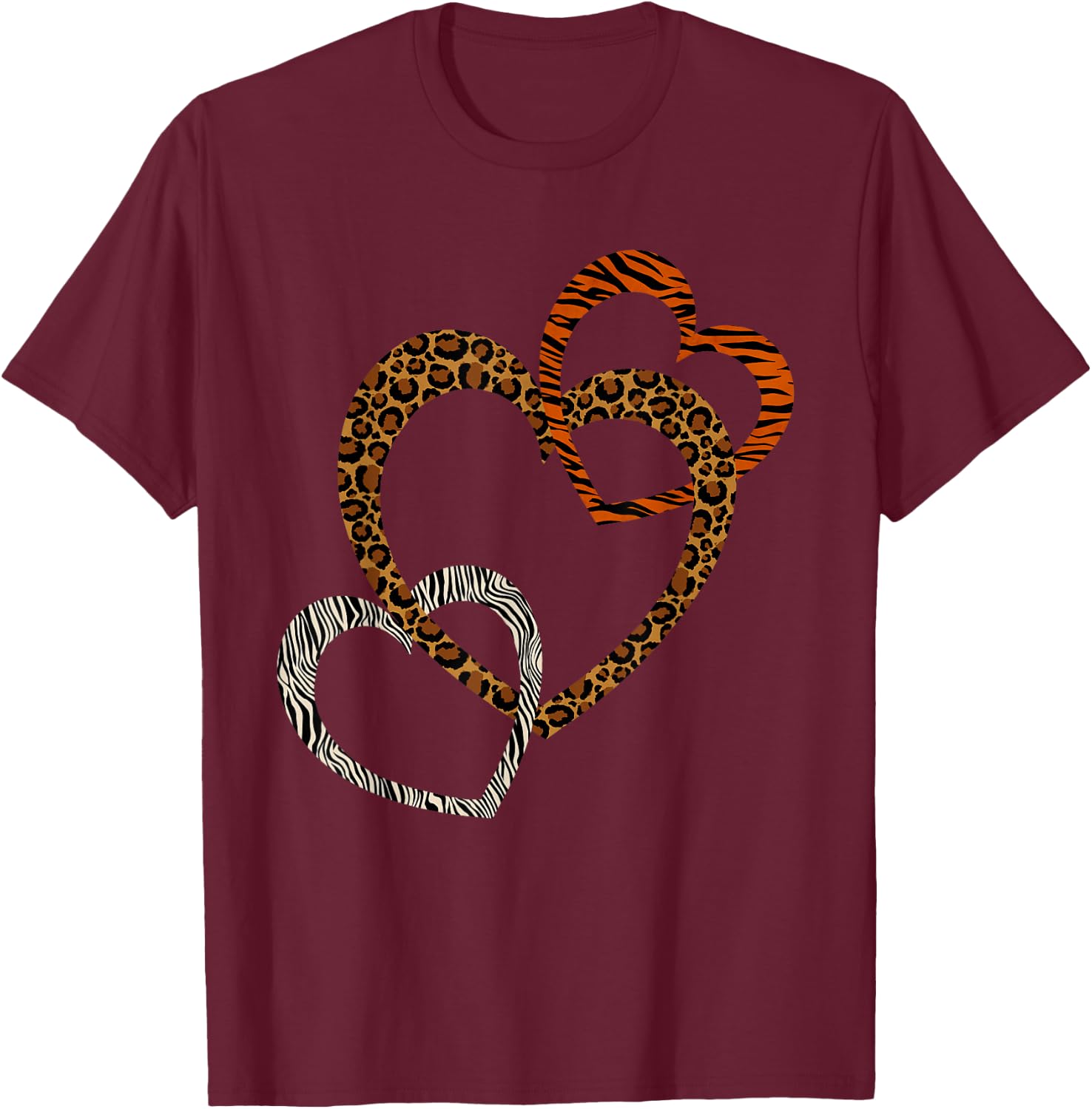 Leopard Tiger Cheetah Zebra Heart Print Shirt Hearts Love T-Shirt - T-Shirt | Maroon