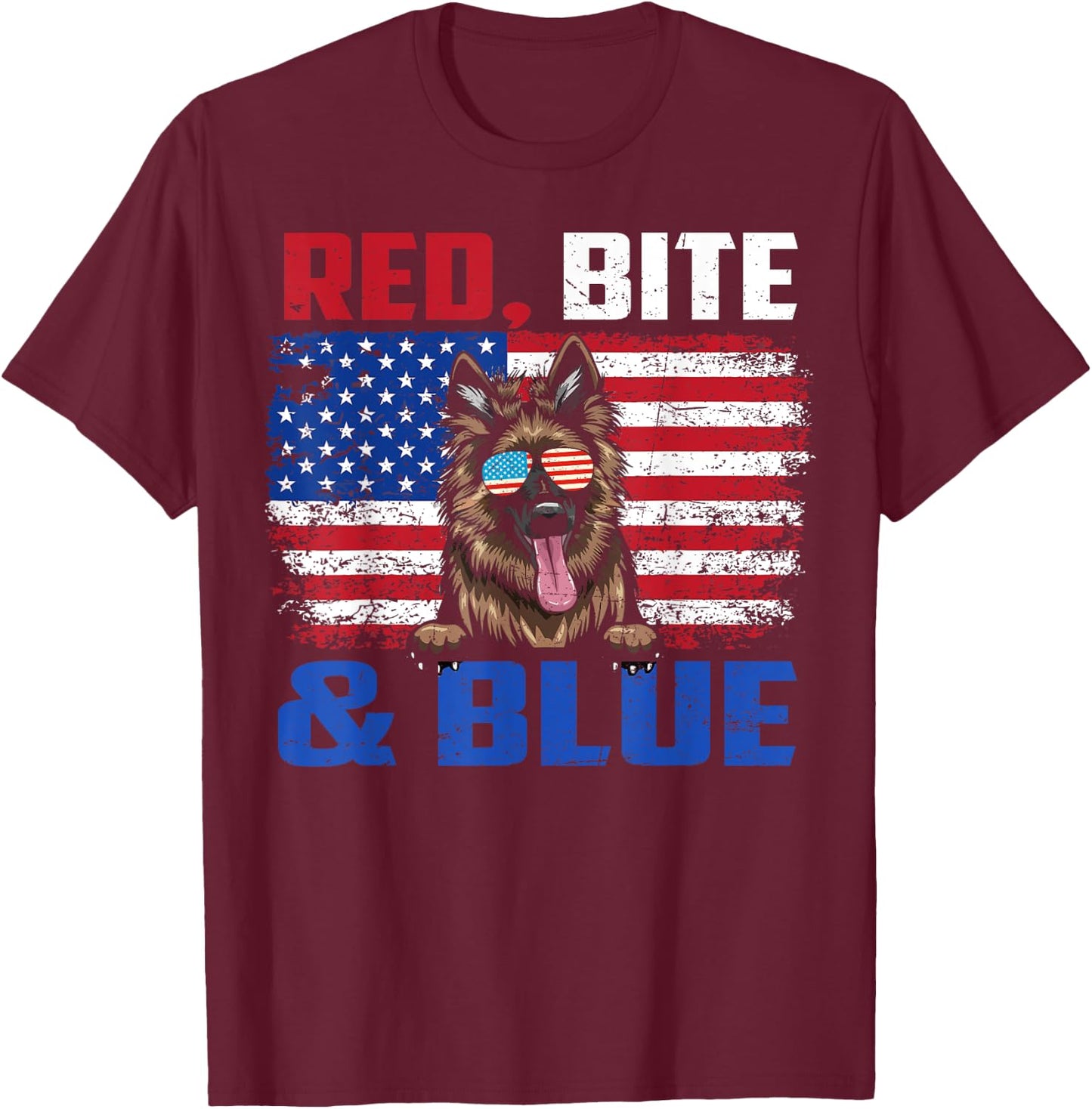 Red Bite Blue Long-Haired German Shepherd Dog 4th Of July T-Shirt - T-Shirt | Maroon