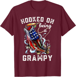 Hooked On Being A Grampy 4th Of July Fishing Grandpa T-Shirt - T-Shirt | Maroon