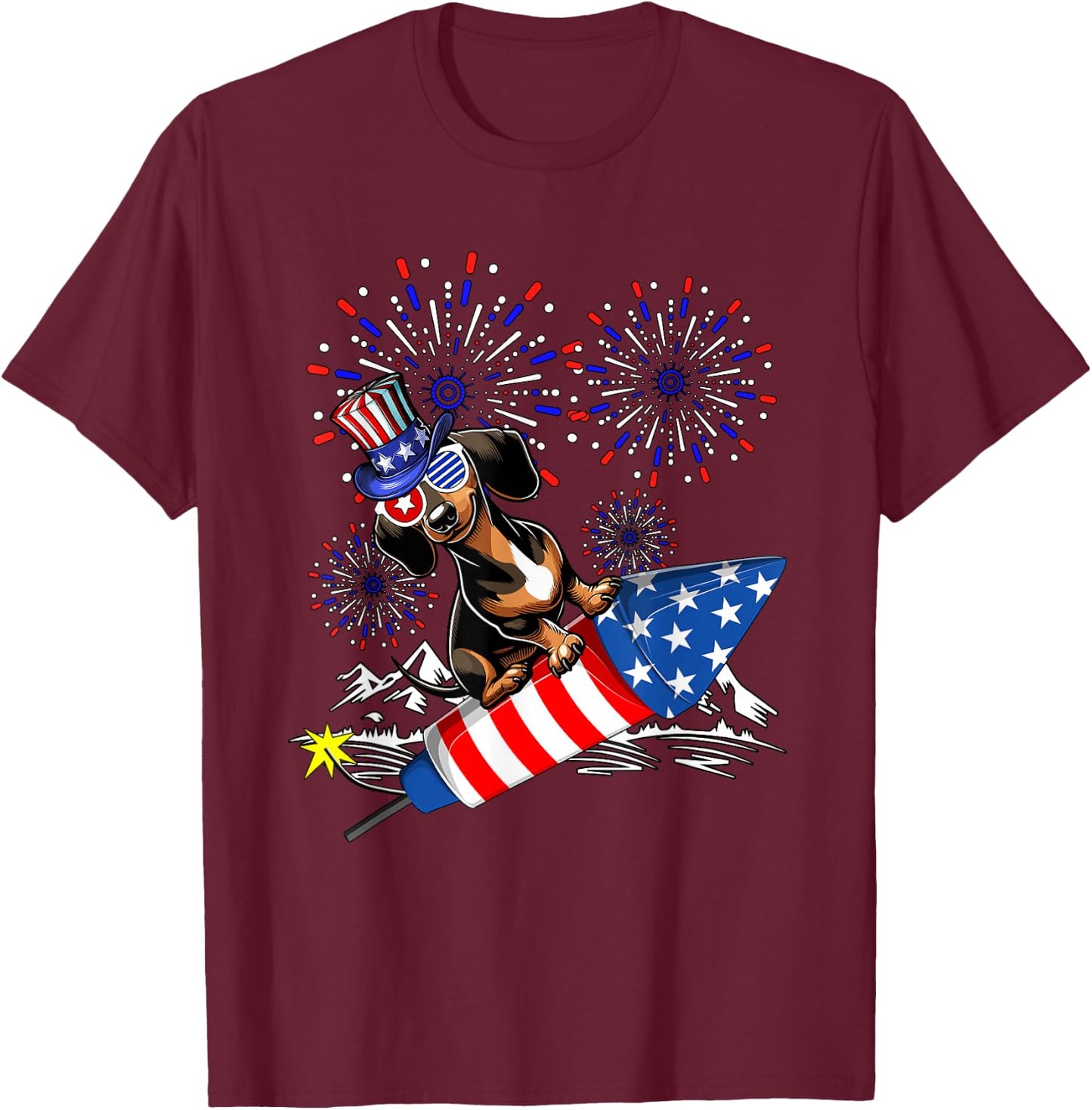 Dachshund Costume 4th Of July Fireworks Patriotic Lover Kids T-Shirt - T-Shirt | Maroon