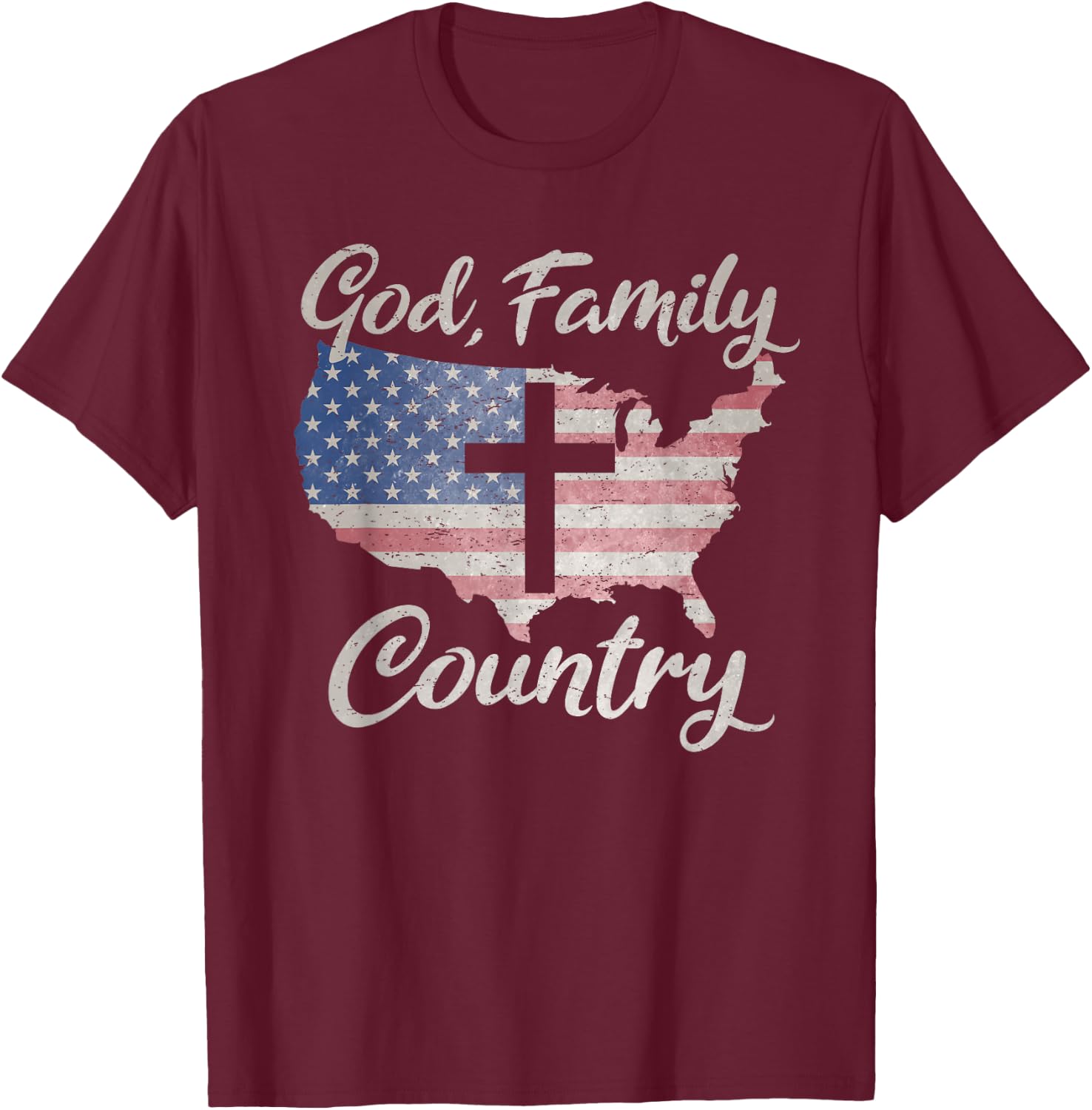 GOD FAMILY COUNTRY Christian Cross Vintage USA American Flag Women Kids Men T-Shirt - T-Shirt | Maroon