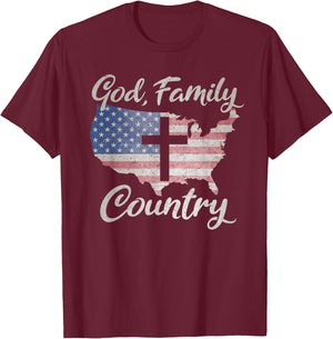 GOD FAMILY COUNTRY Christian Cross Vintage USA American Flag Women Kids Men T-Shirt - T-Shirt | Maroon