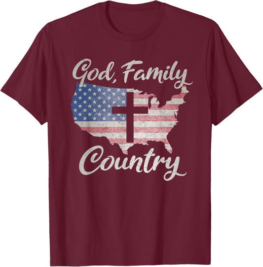 GOD FAMILY COUNTRY Christian Cross Vintage USA American Flag Women Kids Men T-Shirt - T-Shirt | Maroon
