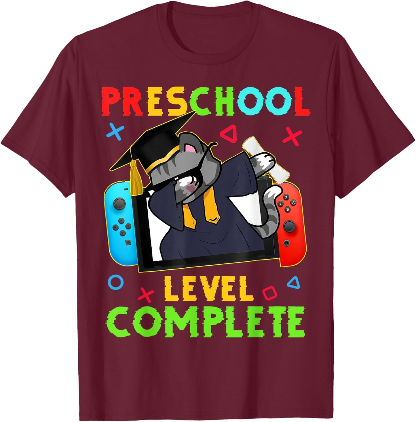 Preschool Level Complete Graduation 2024 PreK Gamer Cat Kids T-Shirt - T-Shirt | Maroon