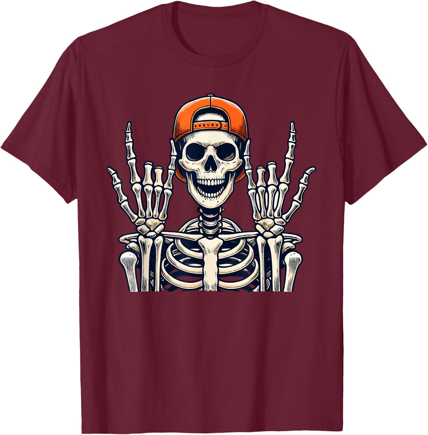 Rocker Skeleton Cap Skater Cool Halloween Punk Rock Men Boys T-Shirt - T-Shirt | Maroon