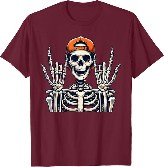 Rocker Skeleton Cap Skater Cool Halloween Punk Rock Men Boys T-Shirt - T-Shirt | Maroon