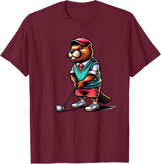 Funny Beaver Golfer Rodent Golfing Sports T-Shirt - T-Shirt | Maroon