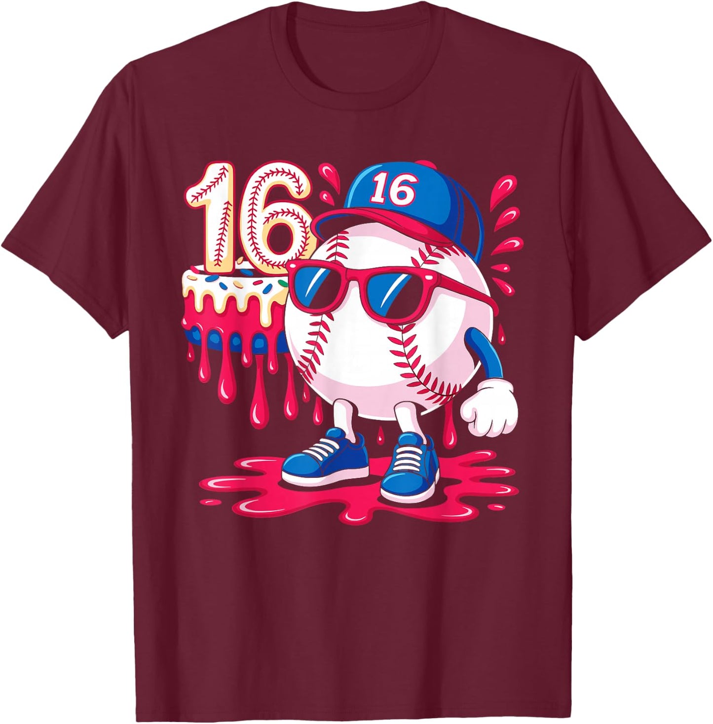 Baseball 16 Year Old Ice Cream Drip 16th Birthday T-Shirt - T-Shirt | Maroon