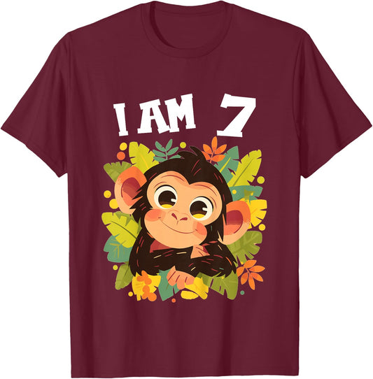 Kids 7 Years old 7 birthday Monkeys Boy Girl Monkey T-Shirt - T-Shirt | Maroon
