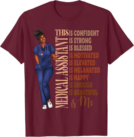 Black Melanin Medical Assistant Africa American MA Afro Hair T-Shirt - T-Shirt | Maroon
