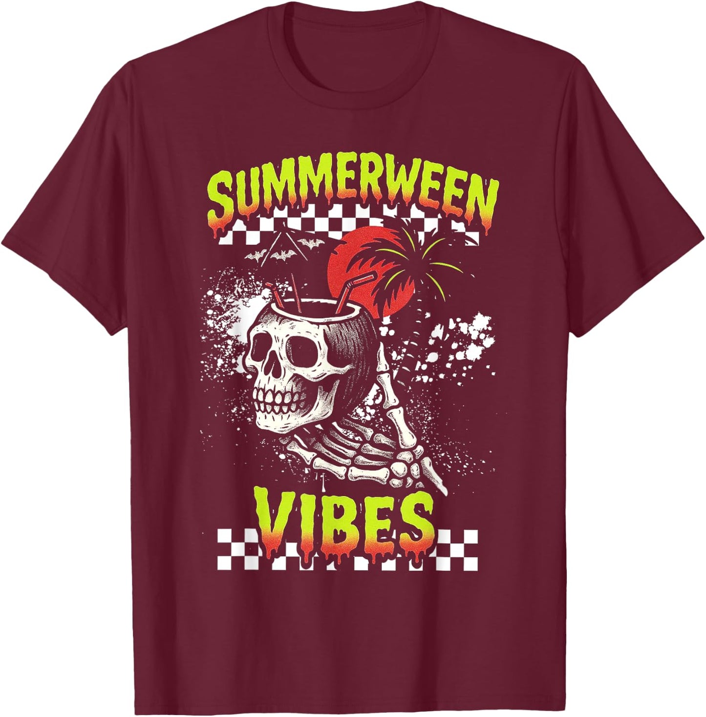 Summerween Vibes - Spooky Skull Drink Halloween T-Shirt - T-Shirt | Maroon