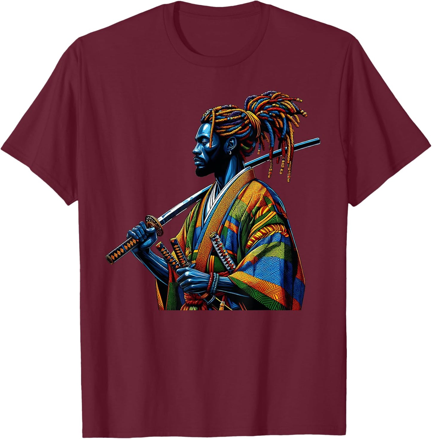 Black History Month Afro American Samurai Warrior Anime Art T-Shirt - T-Shirt | Maroon