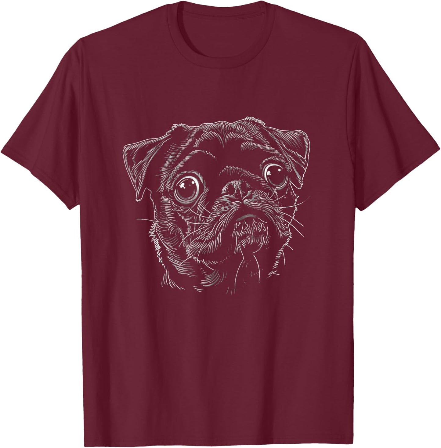 Cute Pug Face Art Design T-Shirt - T-Shirt | Maroon
