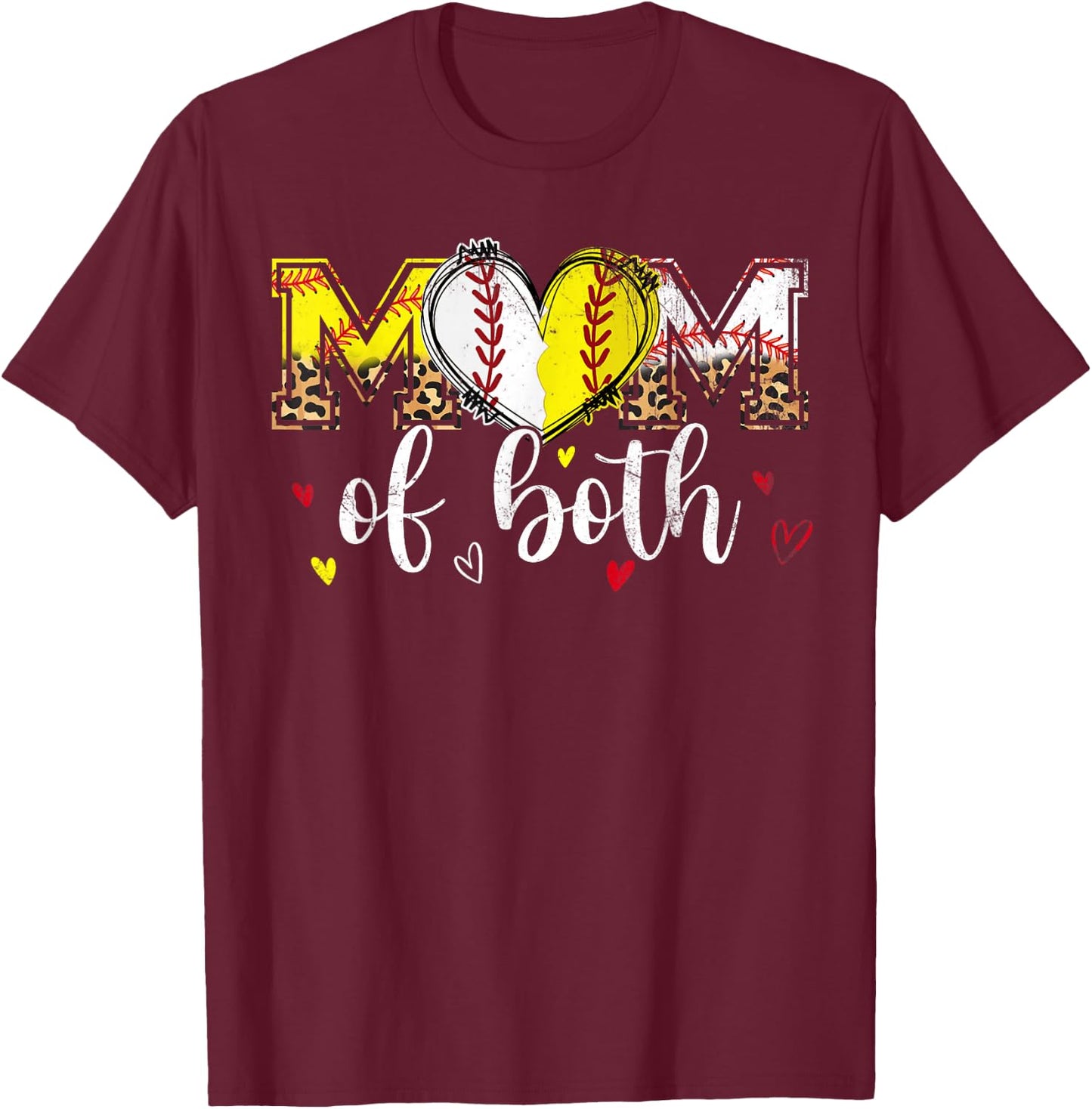 Mom Of Both Baseball Softball Heart Leopard Mothers Day Mama T-Shirt - T-Shirt | Maroon