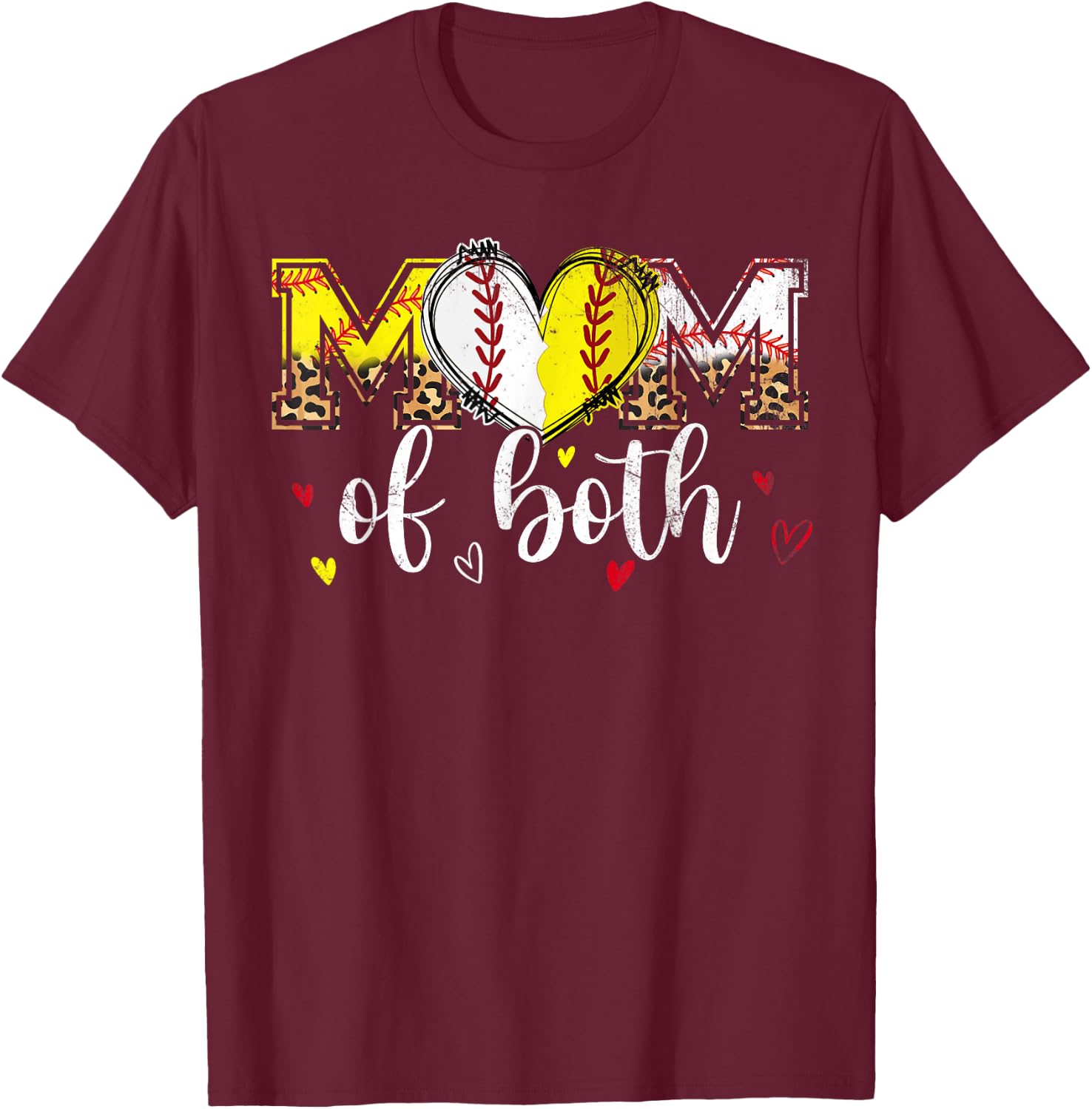 Mom Of Both Baseball Softball Heart Leopard Mothers Day Mama T-Shirt - T-Shirt | Maroon