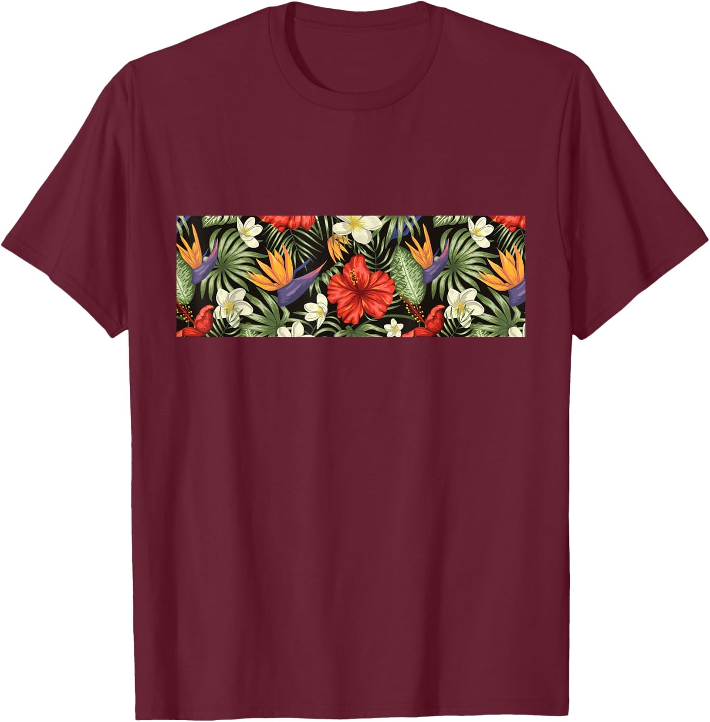 Tropical Flower Pattern Hibiscus Plumeria Flower Hawaiian T-Shirt - T-Shirt | Maroon