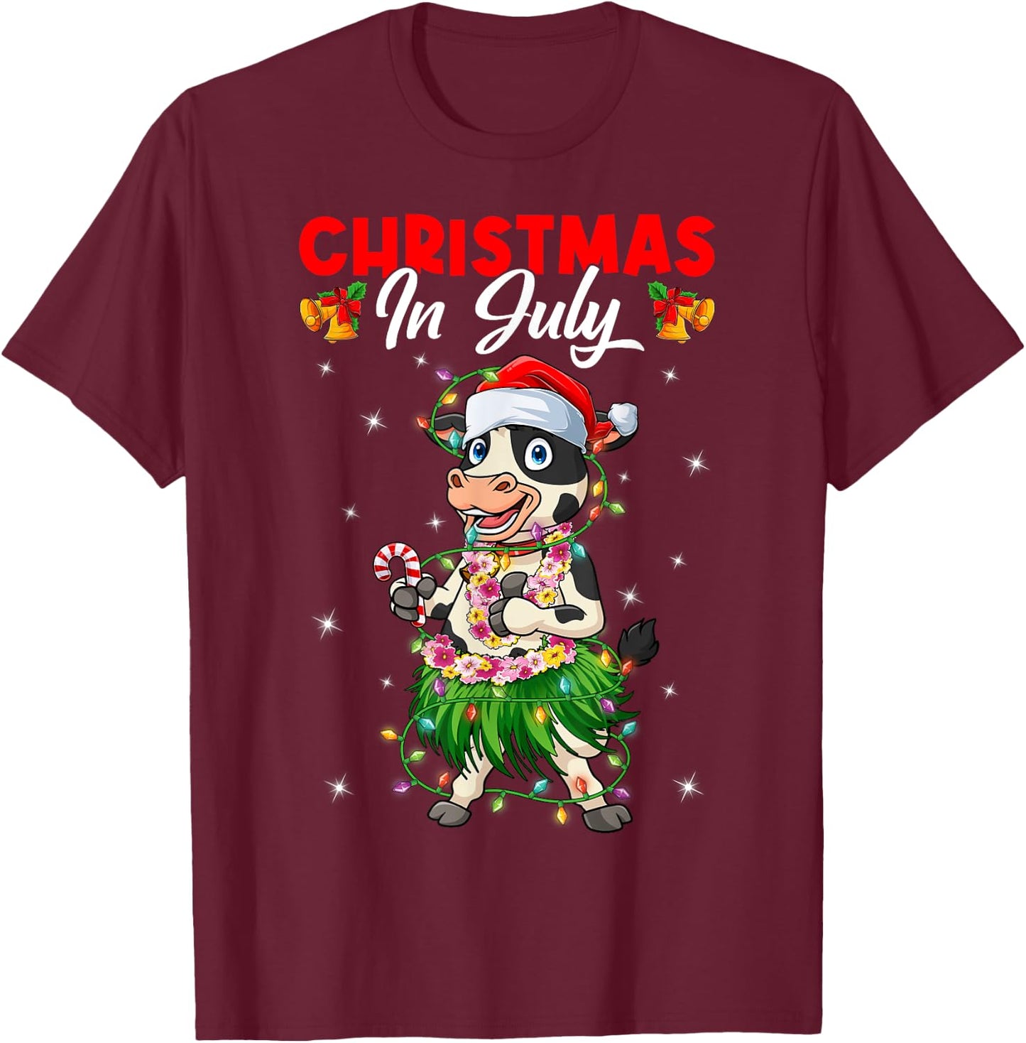 Funny Cow Lovers Hawaiian Christmas In July Summer Vacation Women Kids T-Shirt - T-Shirt | Maroon