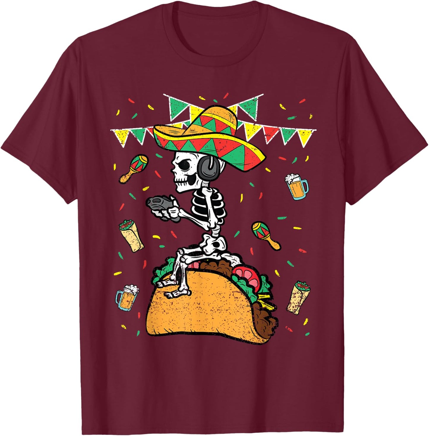 Skeleton Gamer Cinco De Mayo Gaming Taco Mexican Fiesta T-Shirt - T-Shirt | Maroon