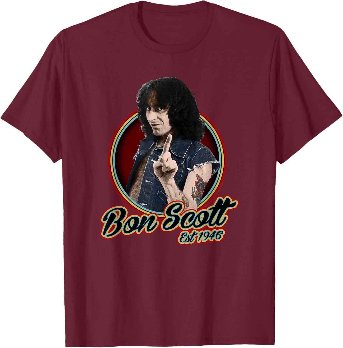 Bon Scott Retro Circle Photo Est 1946 T-Shirt - T-Shirt | Maroon