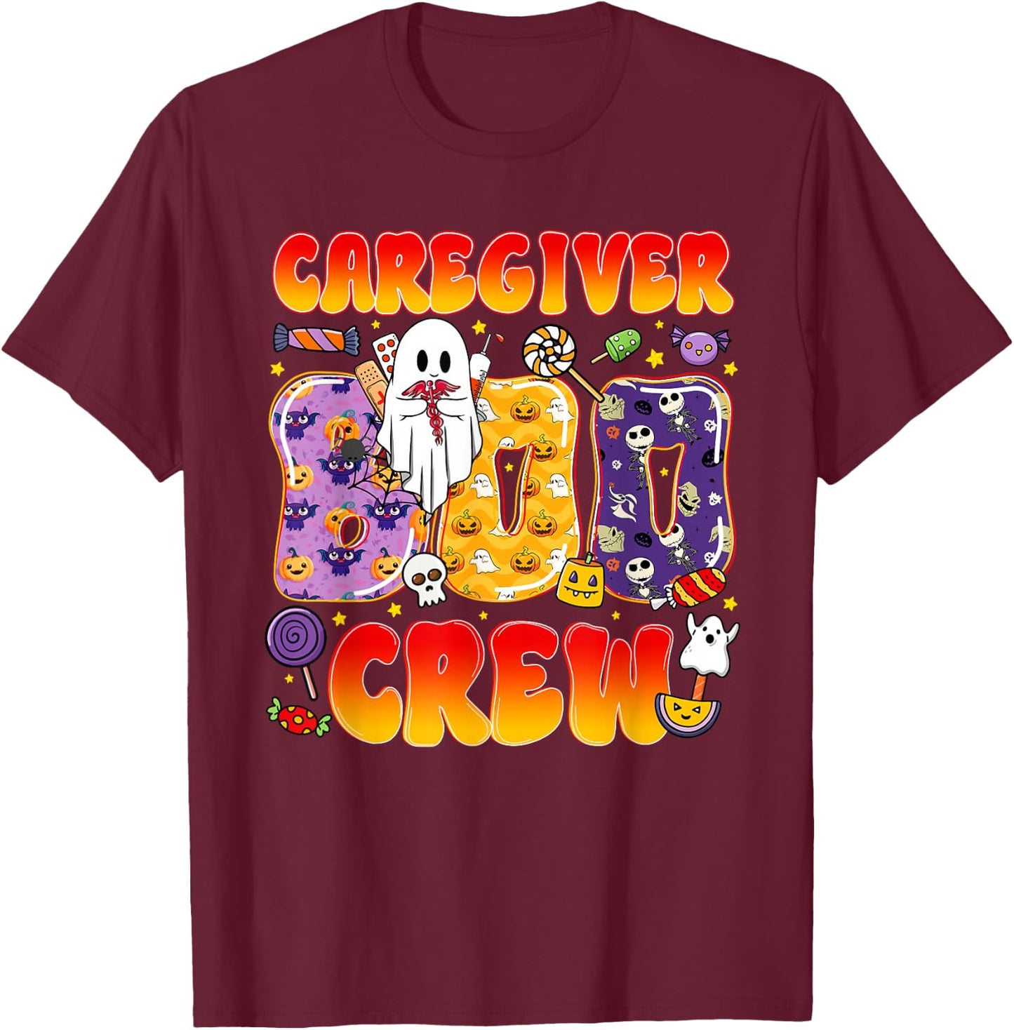Caregiver Boo Crew Funny Halloween T-Shirt - T-Shirt | Maroon