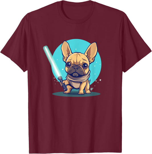 Cute Frenchie Holding Light Laser Saber Sword Dog Lover Gift T-Shirt - T-Shirt | Maroon