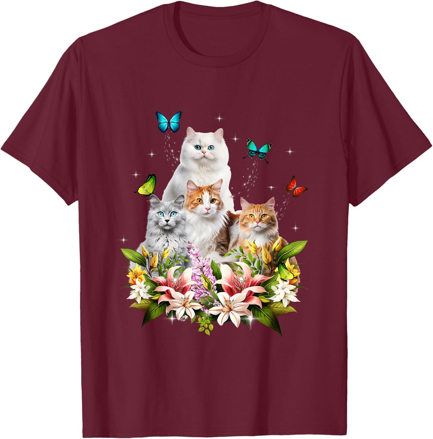 Kitten Lover Cute Cat Flower Butterfly Kitten Pet Animal T-Shirt - T-Shirt | Maroon