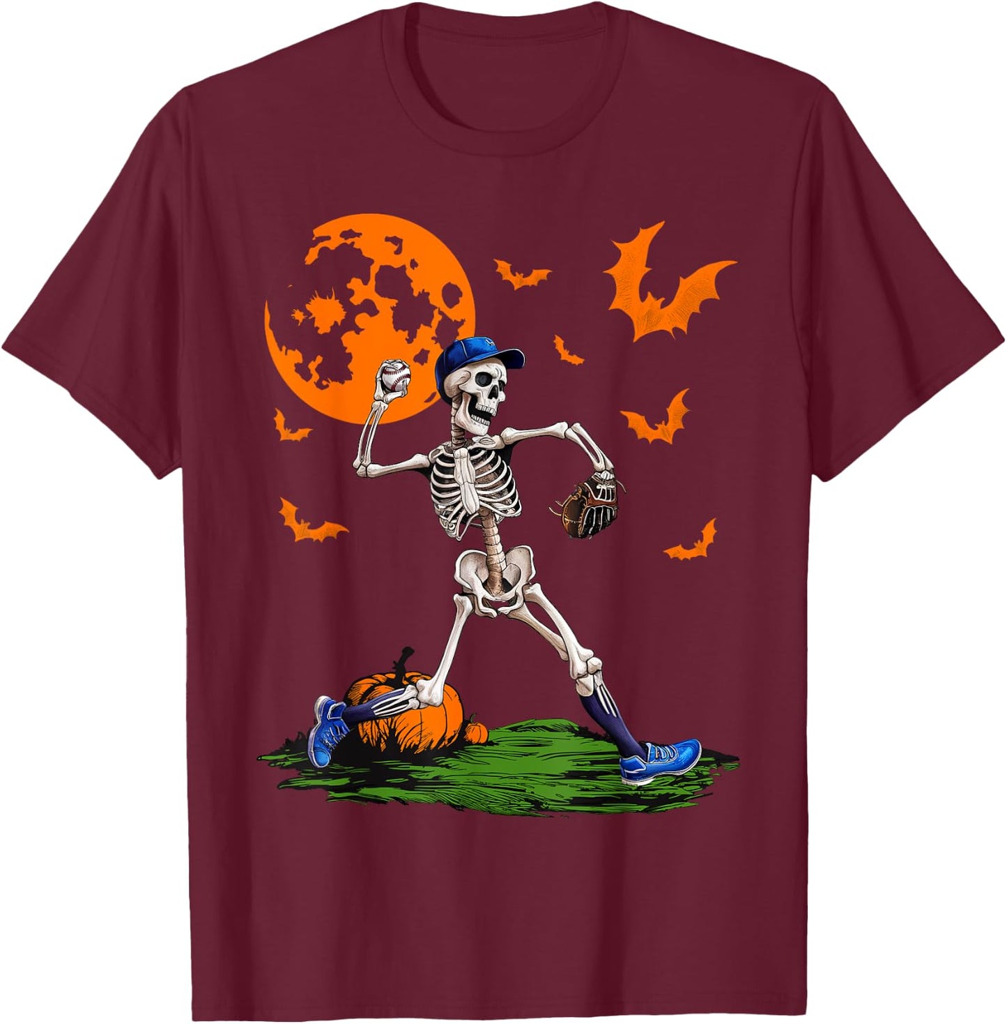 Baseball Skeleton Halloween Men Boys Baseball Spooky Season T-Shirt - T-Shirt | Maroon