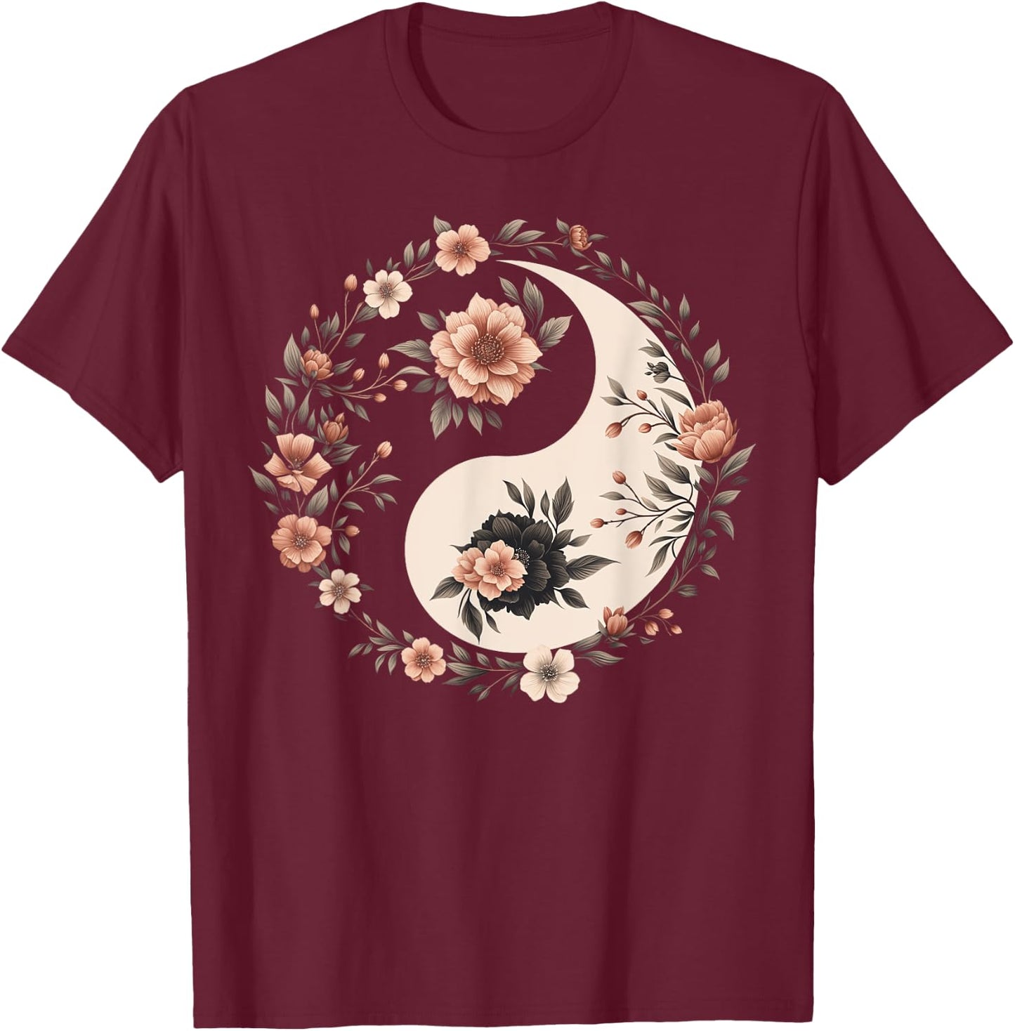 Cool Yin and Yang Symbol Floral Art Style Men Women T-Shirt - T-Shirt | Maroon