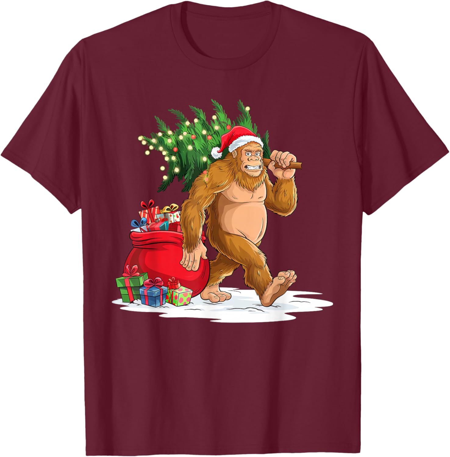 Bigfoot Christmas Tree Lights Xmas Boys Men Sasquatch Lovers T-Shirt - T-Shirt | Maroon