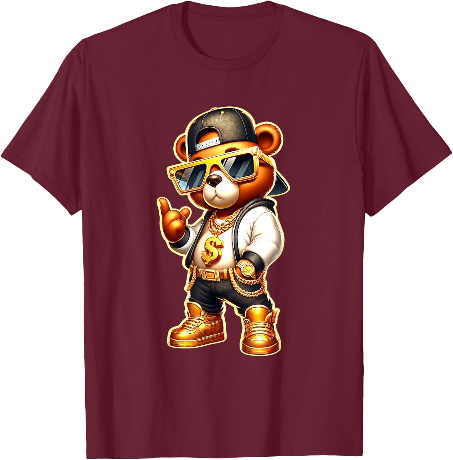 Golden Teddy Bear Gangsta T-Shirt - T-Shirt | Maroon