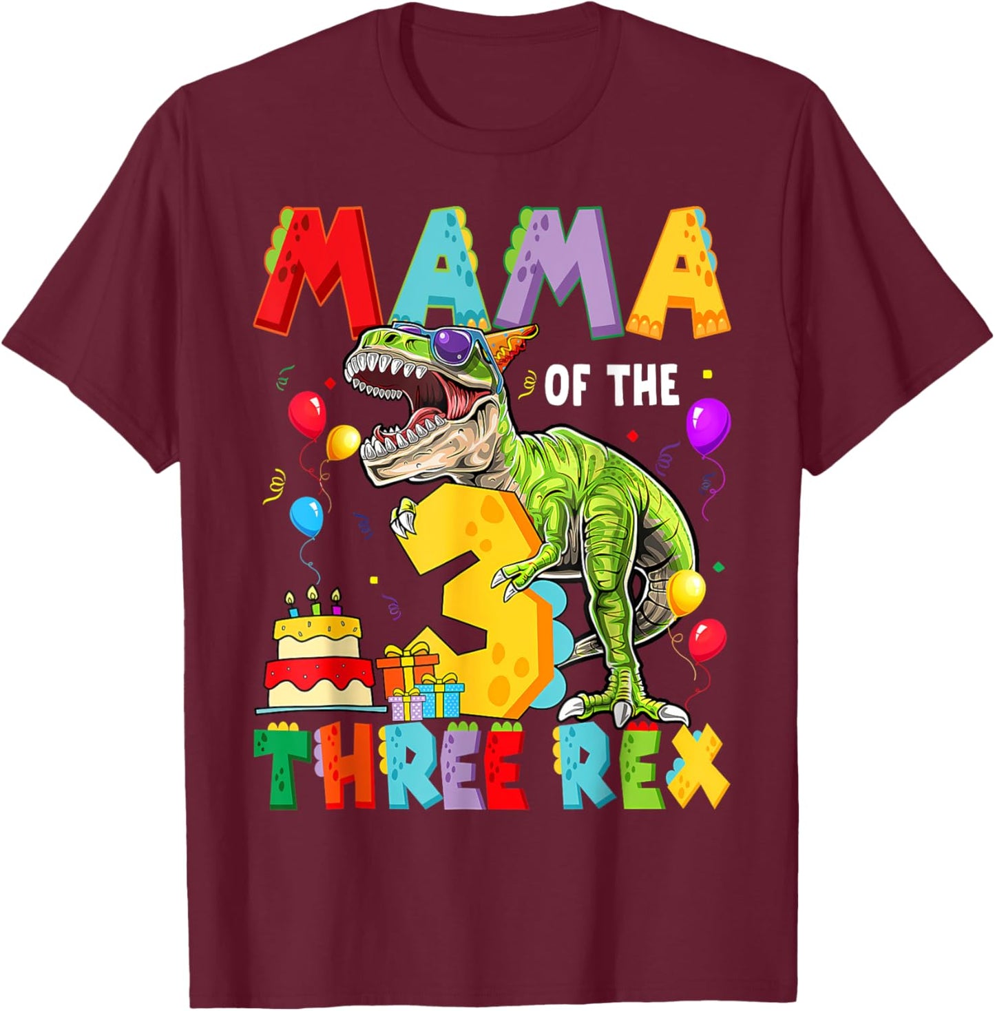 Mama Of The Three Rex 3Rd Birthday Boy Dinosaur T-Rex T-Shirt - T-Shirt | Maroon