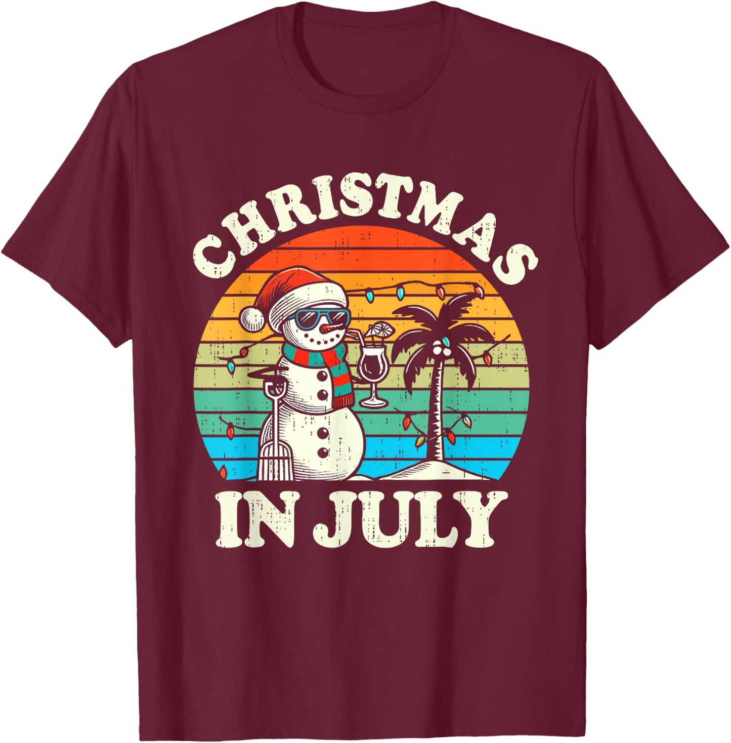 Vintage Christmas in July Snowman Summer Beach Vacation Xmas T-Shirt - T-Shirt | Maroon