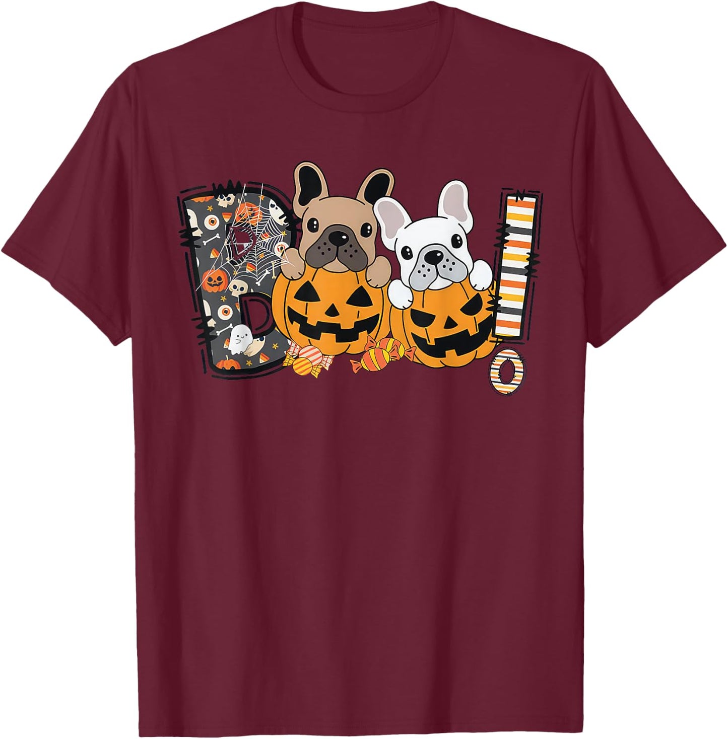 Boo French Bulldog Pumpkin Candy Dog Puppy Halloween Costume T-Shirt - T-Shirt | Maroon