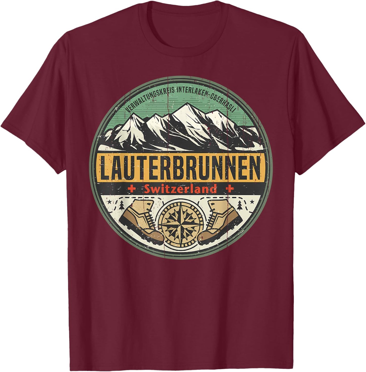 Vintage Lauterbrunnen, Switzerland Mountain Hiking Nature T-Shirt - T-Shirt | Maroon