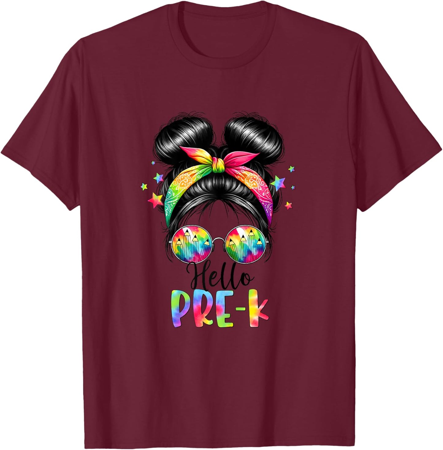 Hello Pre-K Messy Hair Bun Girl Back To School First Day T-Shirt - T-Shirt | Maroon