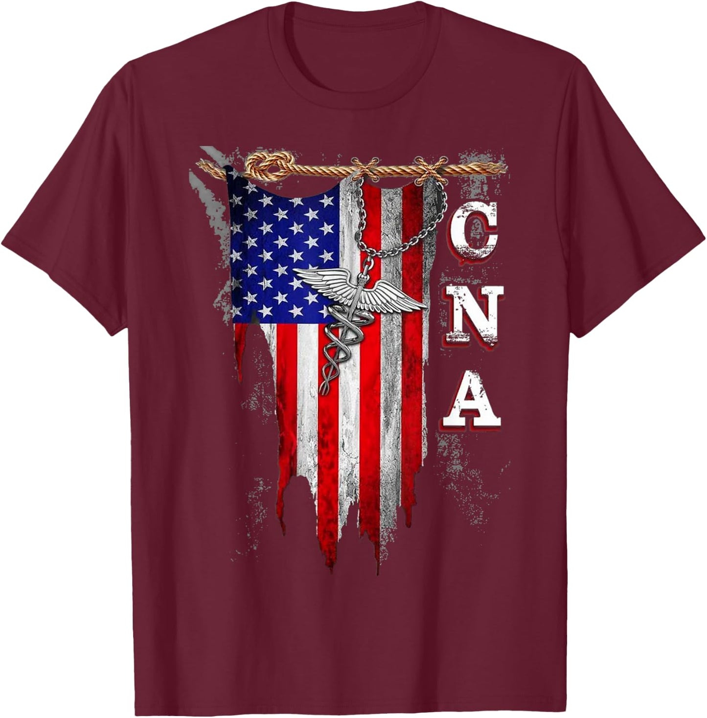 Proud CNA - American Flag Torn - Caduceus T-Shirt - T-Shirt | Maroon