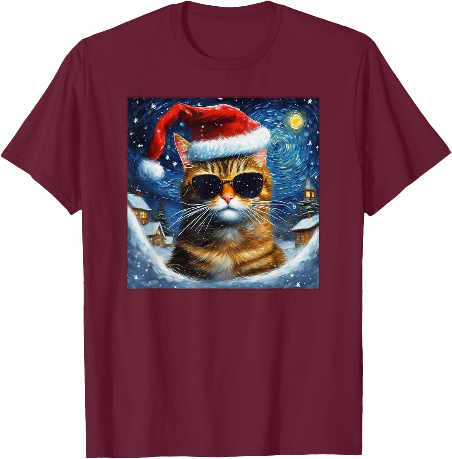 Van Gogh Starry Night Orange Tabby Cat Christmas T-Shirt - T-Shirt | Maroon