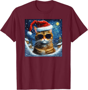 Van Gogh Starry Night Orange Tabby Cat Christmas T-Shirt - T-Shirt | Maroon