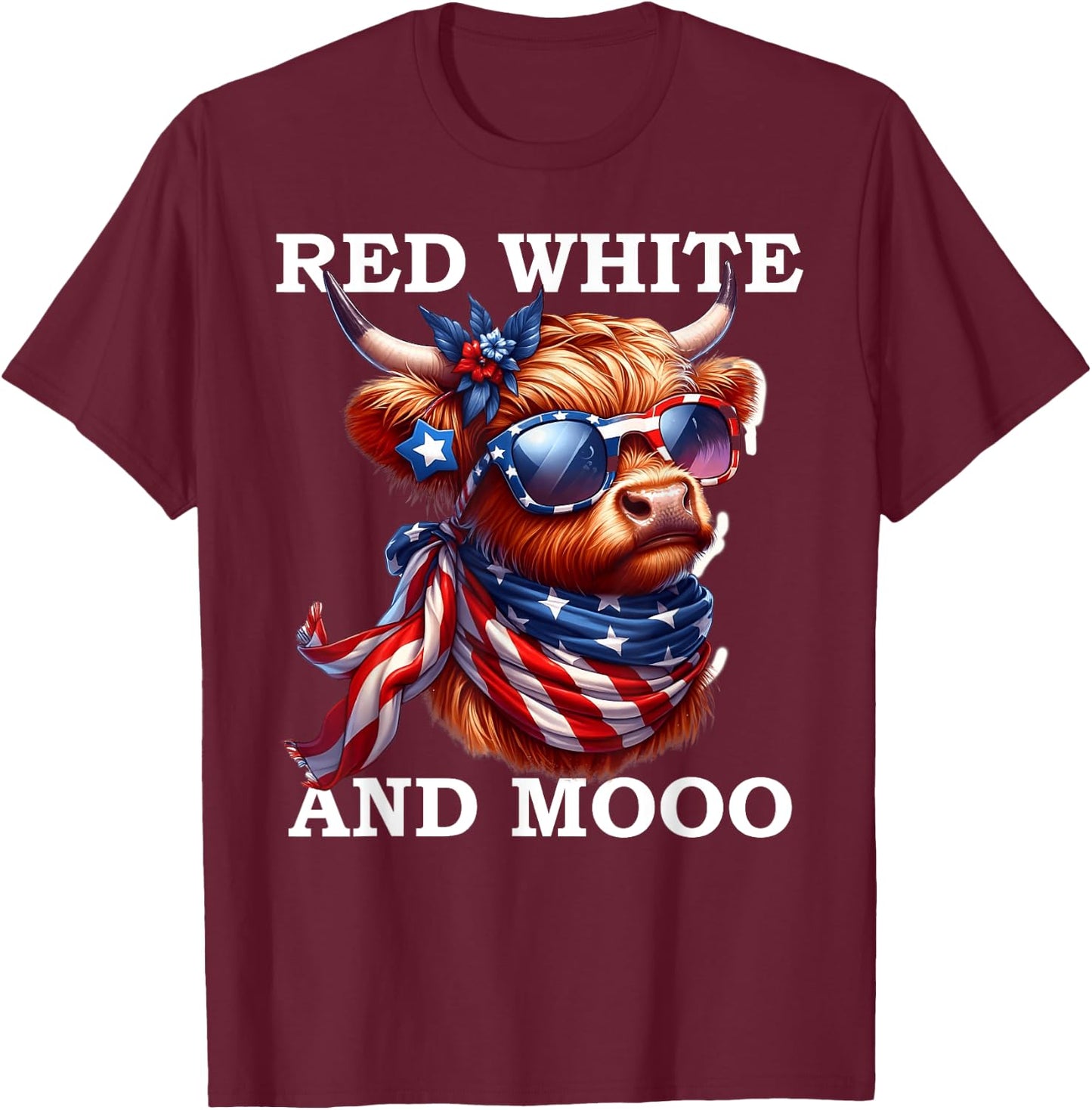 Red White and Moo Patriotic Cow USA Flag Funny 4th of July T-Shirt - T-Shirt | Maroon