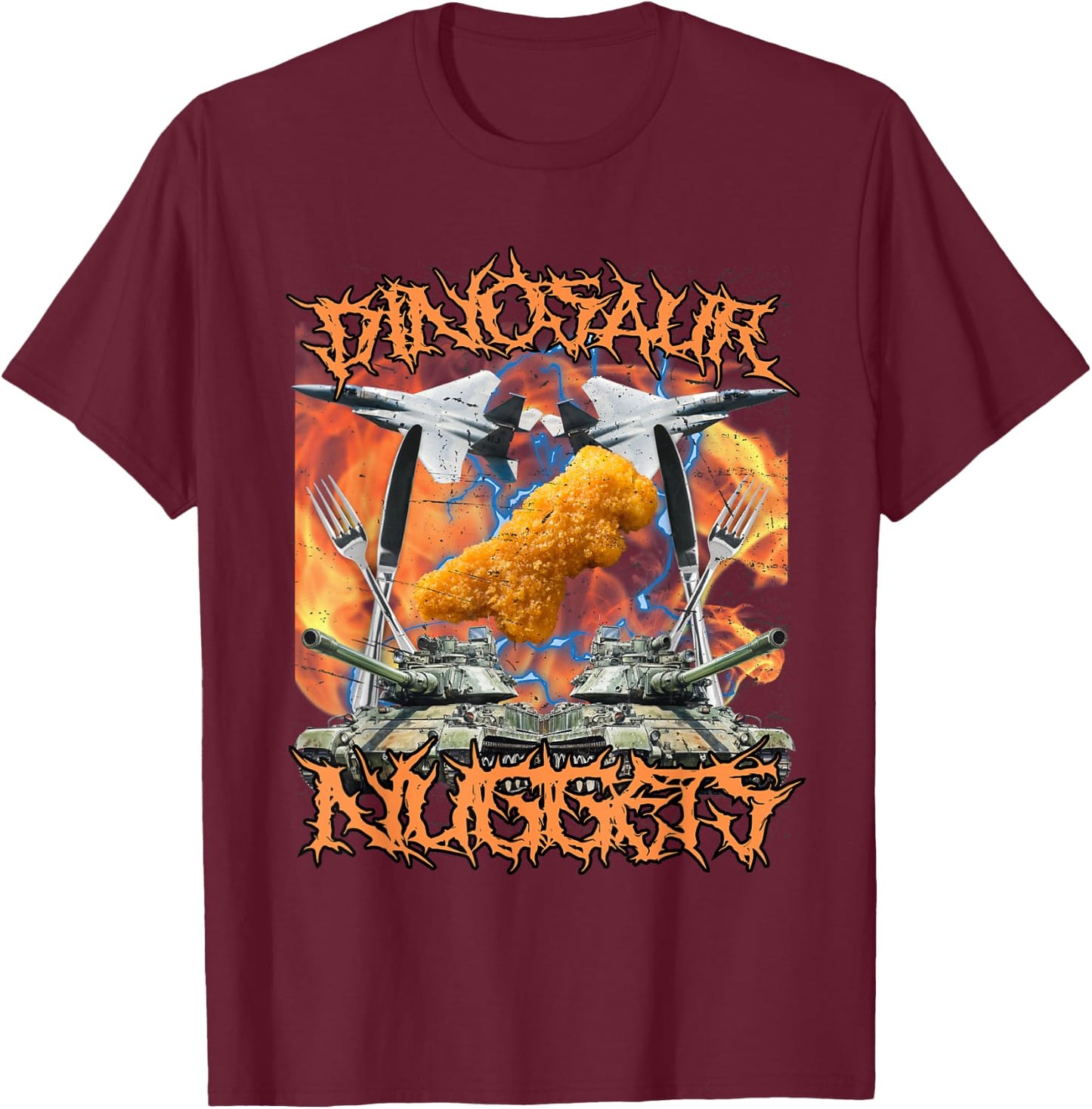 Funny Dinosaur Chicken Nugget Bootleg Hardcore Flames Meme T-Shirt - T-Shirt | Maroon
