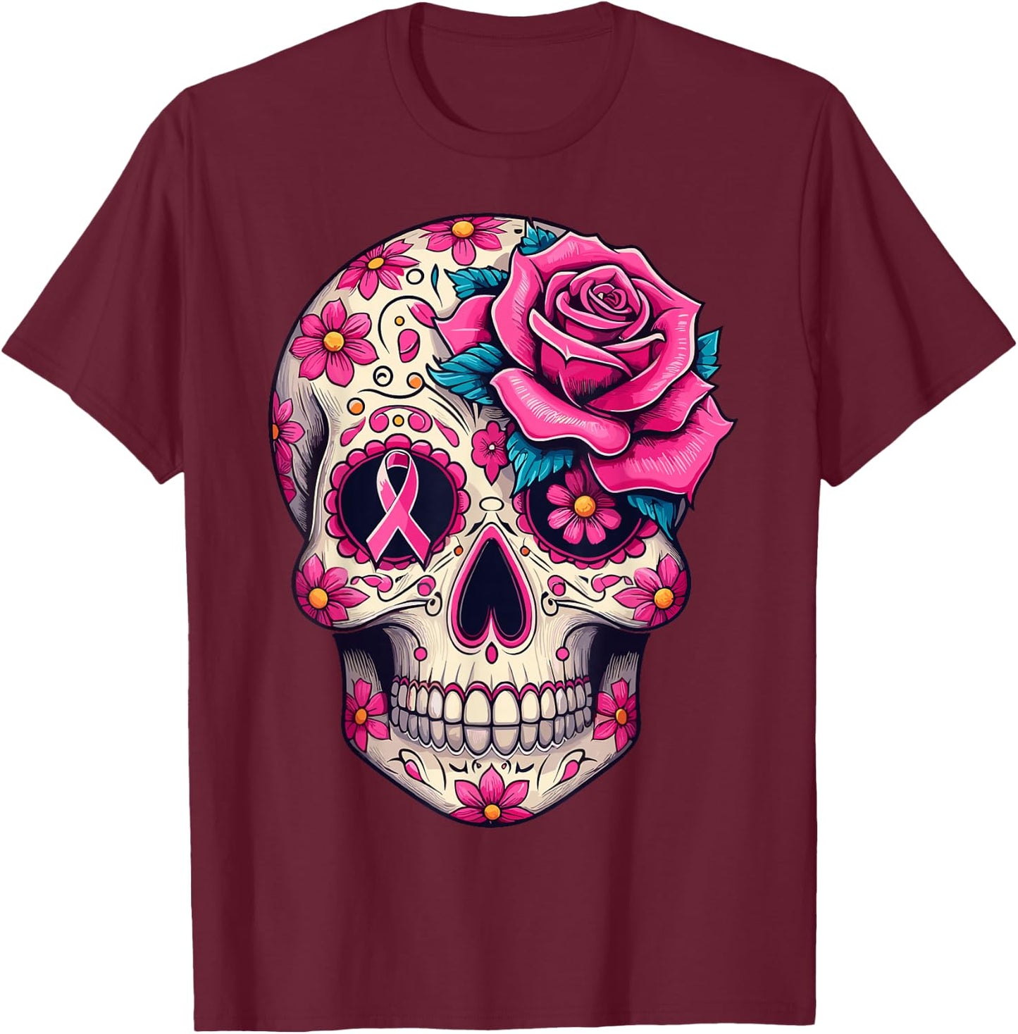 Sugar Skull Pink Ribbon Calavera Breast Cancer Awareness T-Shirt - T-Shirt | Maroon