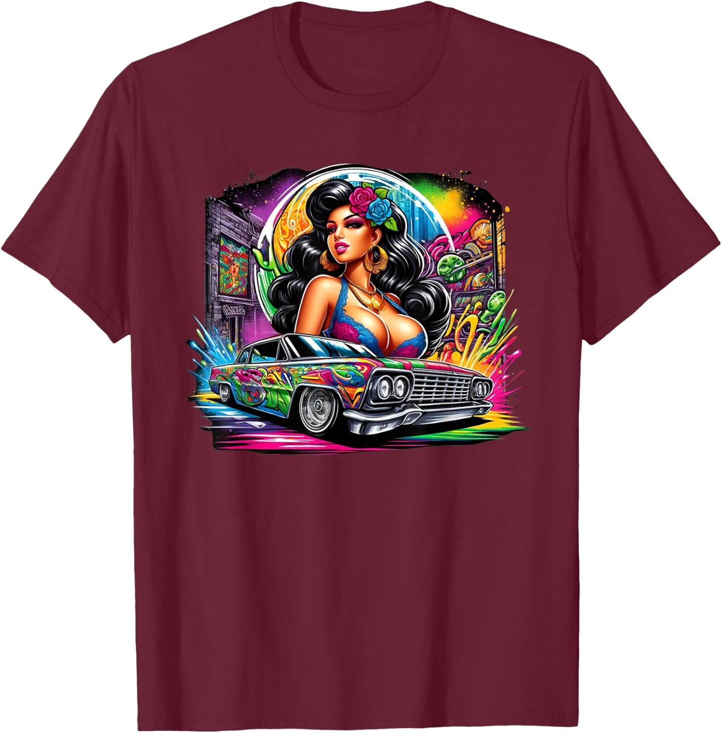 Mexican Street Culture Lowrider Beautiful Latina Graffiti T-Shirt - T-Shirt | Maroon