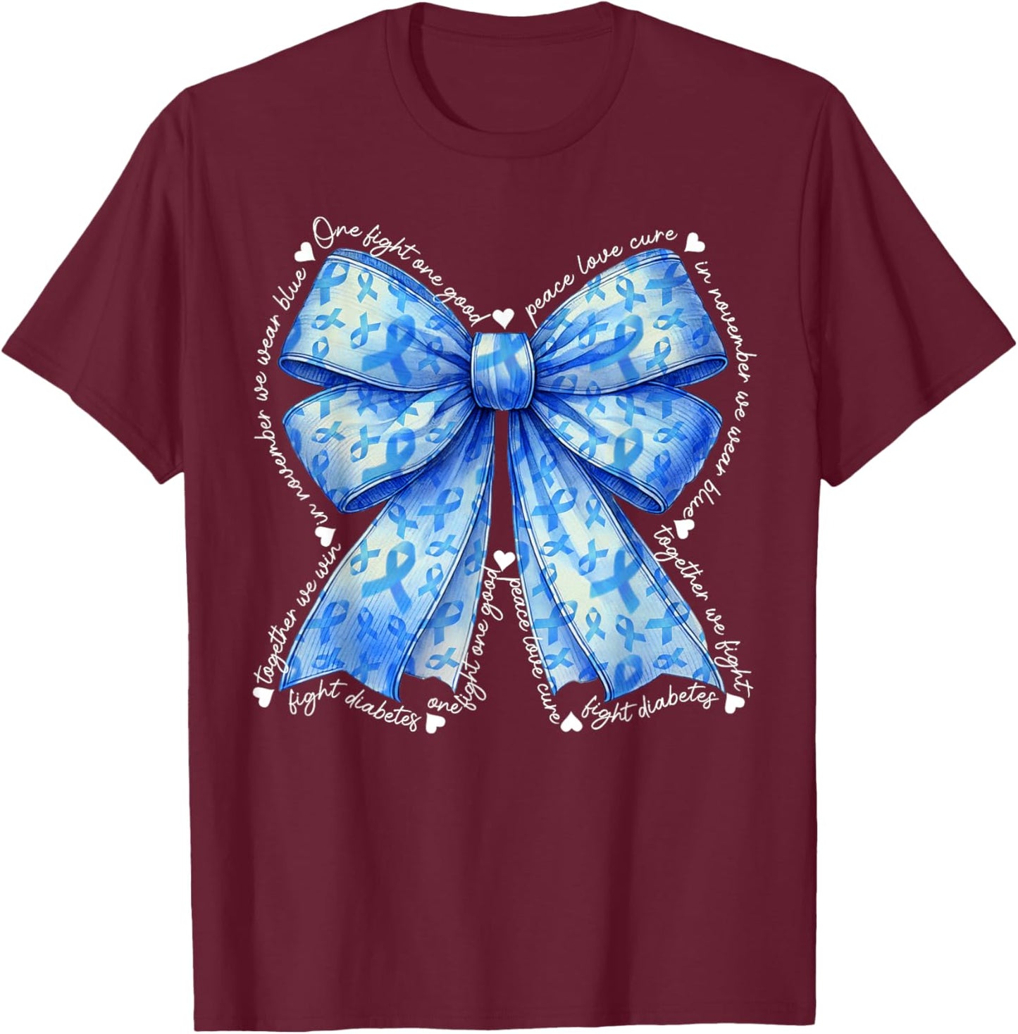 In November We Wear Blue Ribbon Coquette Diabetes Awareness T-Shirt - T-Shirt | Maroon