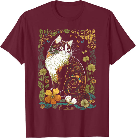 Cute Cottagecore Aesthetic Cat Flowers Butterflies Cat Mom Women Kids T-Shirt - T-Shirt | Maroon