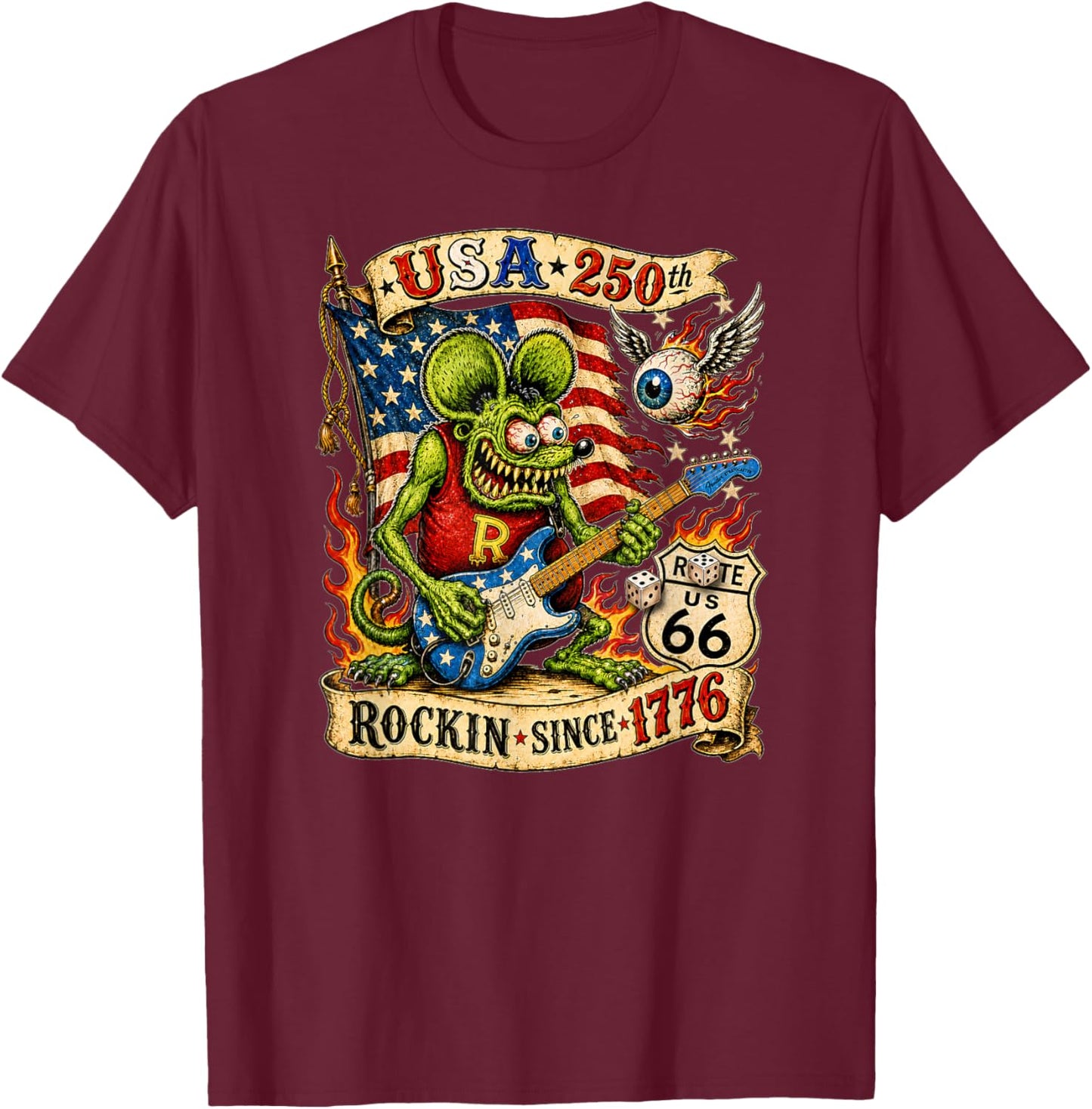 USA 250 Rat Fink Roote Guitar Music Highway 66 Vintage Retro T-Shirt - T-Shirt | Maroon