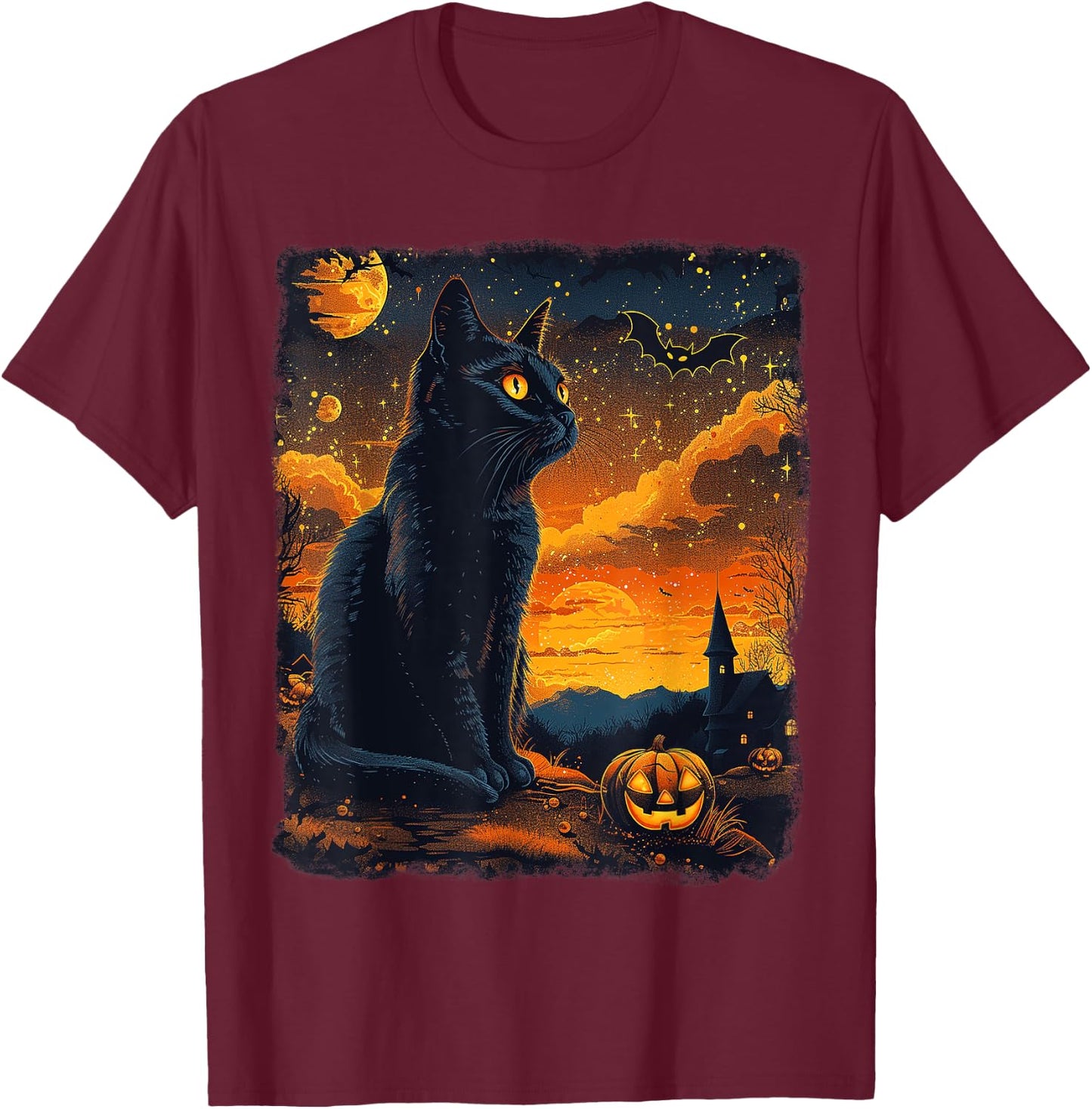Black Cat Starry Night Van Gogh Pumpkins Bats Halloween Crew T-Shirt - T-Shirt | Maroon