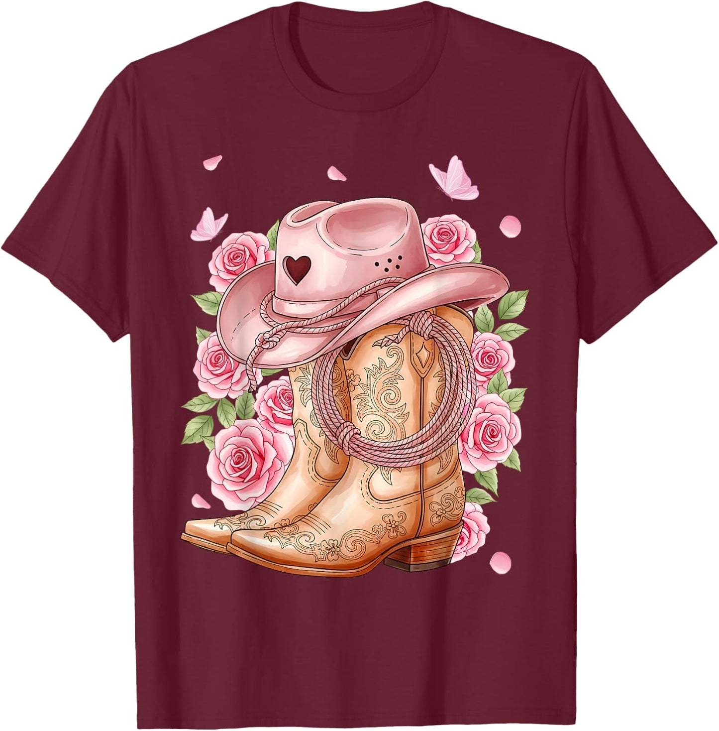 Western Country Pink Cowboy Boots Cowgirl Hat and Roses T-Shirt - T-Shirt | Maroon