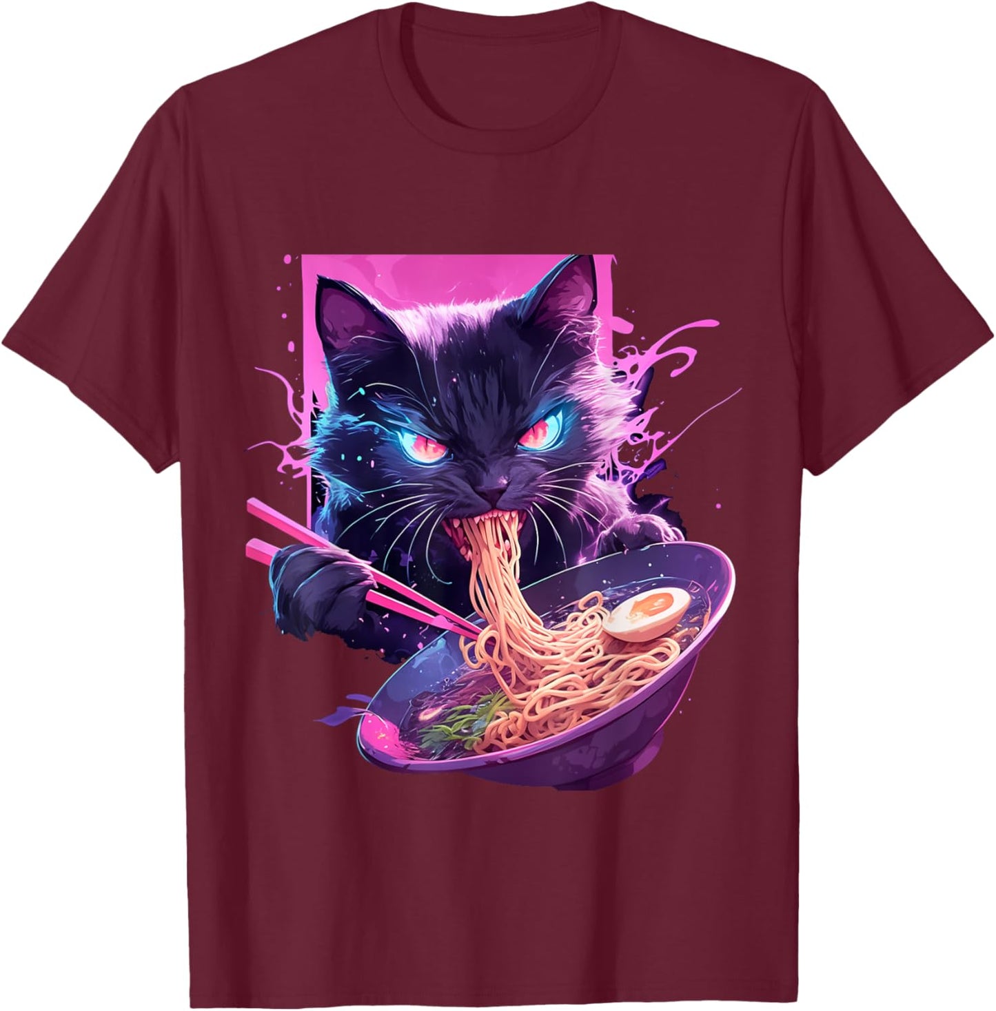 Japanese Art Ramen Cat Ninja Synthwave Style Samurai Cat T-Shirt - T-Shirt | Maroon